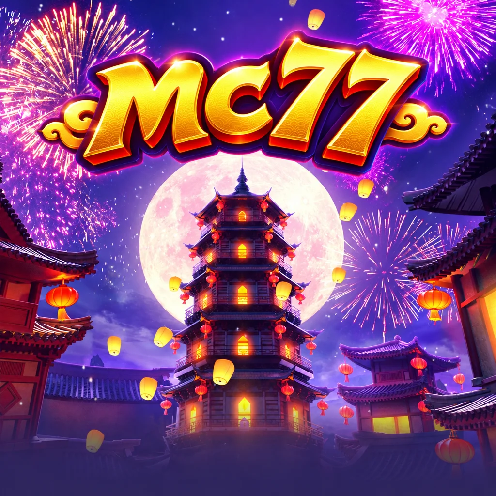 mc77 menampilkan pagoda bertingkat di bawah bulan purnama dengan kembang api dan lampion
